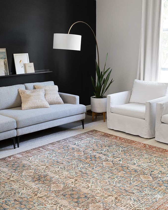 Loloi Layla Collection LAY-04 Ocean/Rust 2'-3" x 3'-9" .13" Thick Accent Rug, Soft, Durable, Vintage Inspired, Distressed, Low Pile, Non-Shedding, Easy Clean, Printed, Living Room Rug