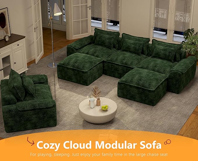 Hobestluk 120" Cloud Modular Sectional Couch 3-Seater Sofa with Ottomans U Shaped Couch Deep Seat Sofa with Removable Cover Large Sofa for Living Room (Green, 3-Seater Sofa with Two Ottomans)
