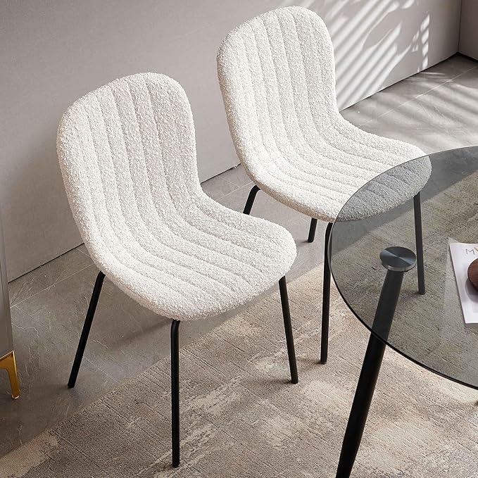 Dining Chair Upholstered Set of 4, Modern Home Kitchen Chairs Boucle Tufted Living Room Chairs with Backrest, Comfy Side Chair with Black Metal Legs