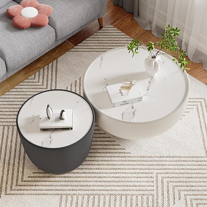 Round Coffee Table Set with Sintered Stone Tabletop, 27.56" White Drum Center Table and 19.69" Grey Coffee Table Set, 2 Pieces Living Room Table Set with Fluted PU Leather Cover& Metal Base