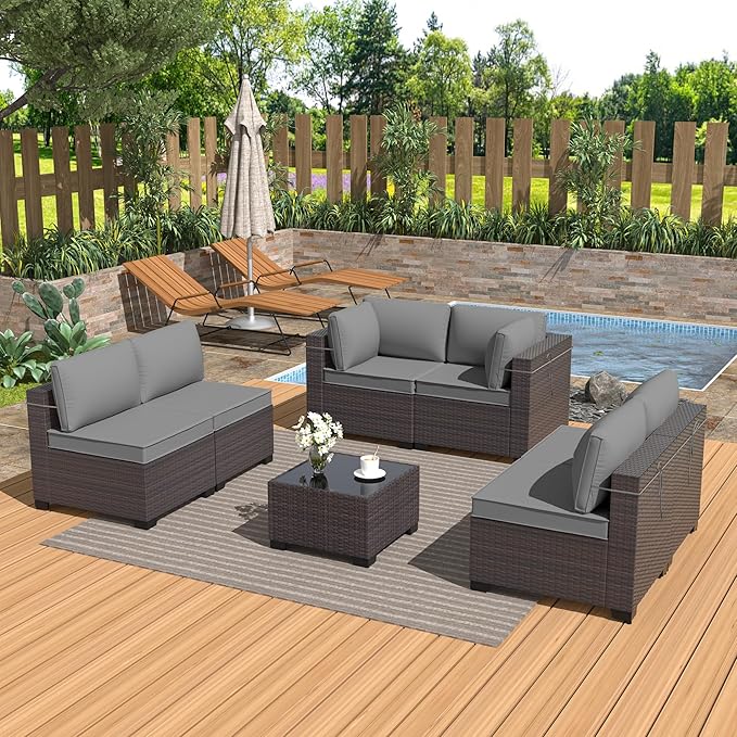 Kurapika 7 Pieces Patio Furniture Set, Rattan Wicker Outdoor Conversation Sets w/4 Inch Cushion and Glass Coffee Table(Grey)
