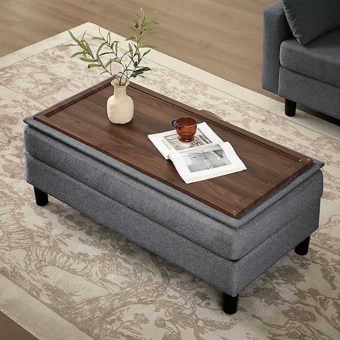 101" Convertible Sectional Sofa with Ottoman Coffee Table, Modern Linen Fabric U-Shaped Couch with Storage Pocket, 4 Seat Sofa Couches for Living Room, Apartment, Office, Darkgrey