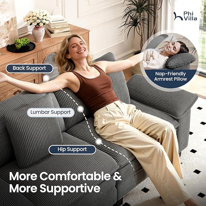 PHI VILLA Cloud Modular Couches Sets, 157.5" Sectional Sofa with Upholstered Deep Seat, 4-Seater Long Couches for Living Room Apartment, Corduroy Fabric, Grey