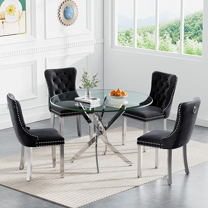 Goujxcy 5 Piece Round Glass Dining Table Set for 4, 36" Round Dining Table & Chair Set Modern Circle Glass Kitchen Table and 4 Velvet Upholstered Chairs for Kitchen Dining (Silver Table & Black Chair)