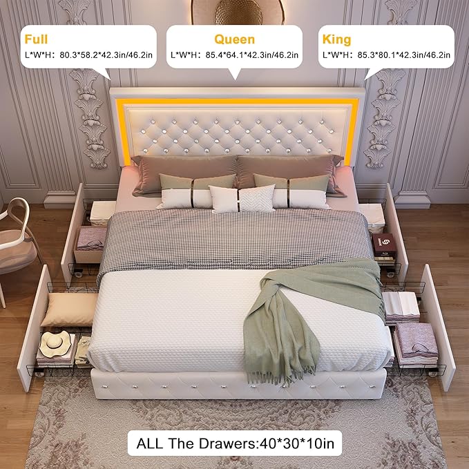 Full led Bed Frame, Bed with Storage Drawers, No Box Spring Needed, 900 lbs Capacity, Easy Assembly, Velvet Cream