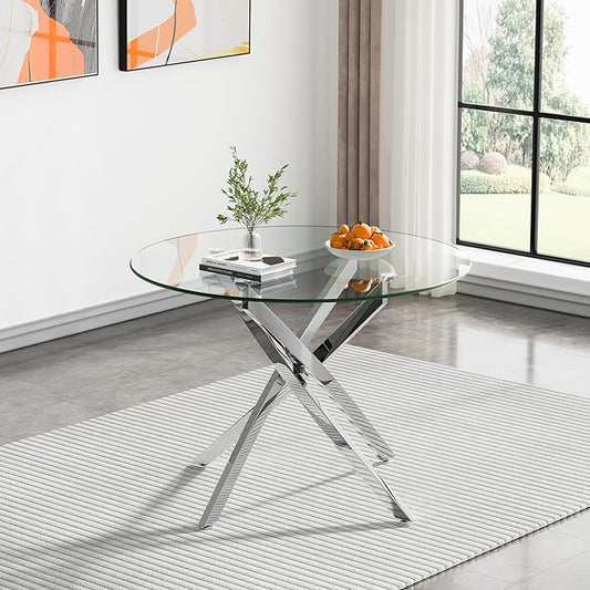 36" Round Glass Dining Room Table for 4 with Tempered Glass Top and Silver Chrome Metal Legs, Modern Clear Kitchen and Dinner Table for Home Office Dining Room