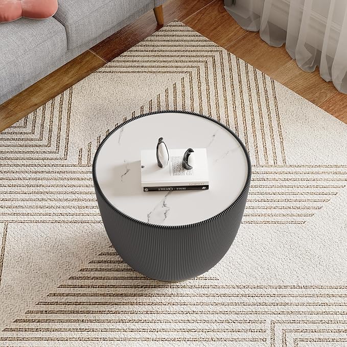 Grey Round Coffee Table with Sintered Stone Tabletop, 19.69 Drum Coffee Table with Fluted PU Leather Covered and Metal Base, Circle Cocktail Tea Table for Living Room