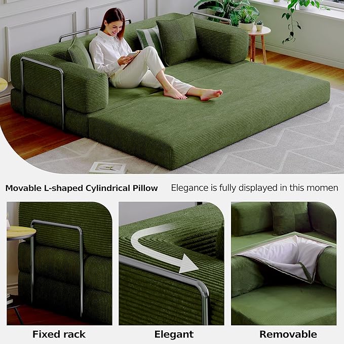 Compressed Sleeper sofa bed,Convertible Floor Boneless Couch-With Comfy Pillow,Modular Modern Corduroy Sofa for living room Bedroom Lounge Studio-With Fixed-shape Frame and support Armrest(Green)