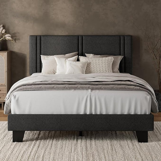 iPormis Full Platform Bed Frame with Fabric Upholstered Headboard & Thickened Legs, Mattress Foundation with Solid Wooden Slats Support, No Box Spring Needed, Noise Free, Dark Grey