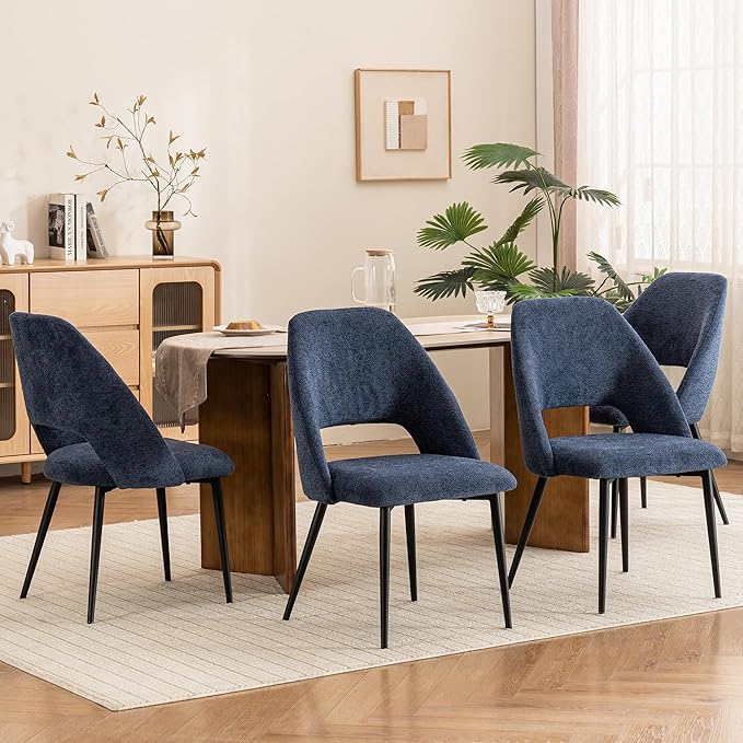Rowill Boucle Dining Chairs Set of 4, Morden Upholstered Dining Room Kitchen Chairs with Metal Legs for Living Room, Bedroom, Restaurant, Blue