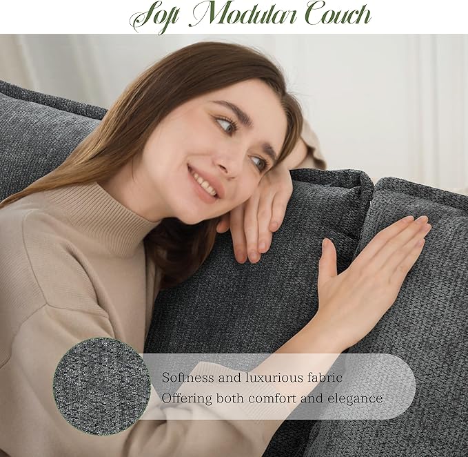 Modular Sectional Sofa, Comfy Cloud Couch with Movable Ottoman, Deep Seat Couches for Living Room, Bedroom and Apartment, 106" L Shaped Modern Sofa with Pillows, Grey
