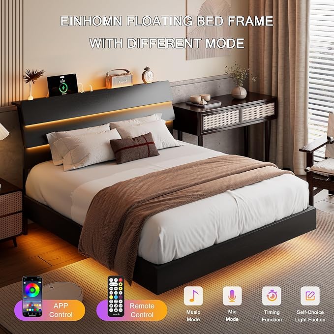 Floating Bed Frame Full Size with Led Headboard and Charging Station, Metal Platform Bed Base with Storage, Remote Control, Heavy Slats Support, No Box Spring Needed, Noise Free, Black