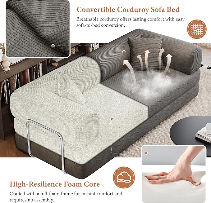 Boneless Couch Sectional Sofa,Convertible Sofa Bed with Sleeper Sofa,Futon Floor Couch Folding Sofas for Living Room,Bedroom,Apartment (Grey, 78.8''W)