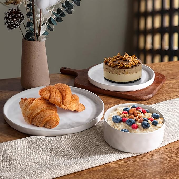 LIANYU 24 Piece Dinnerware Sets for 8, Stoneware Plates and Bowls Dish Set, Kitchen Dinner Ware Speckled Dining Dishware, Microwave & Dishwasher Safe, Polar White