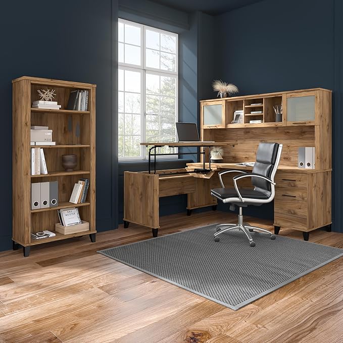 Bush Furniture Somerset L Shaped Desk with Hutch in Fresh Walnut | Corner Computer Table with Drawers, Cabinets and Pullout Keyboard/Laptop Tray for Home Office