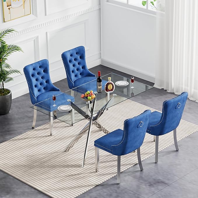 Goujxcy Glass Dining Table Set for 4, Modern Kitchen Table and Chairs Set of 4, 5-Piece Kitchen Dining Room Table Set w/51 Glass Metal Dining Table and 4 Blue Velvet Upholstered Chairs