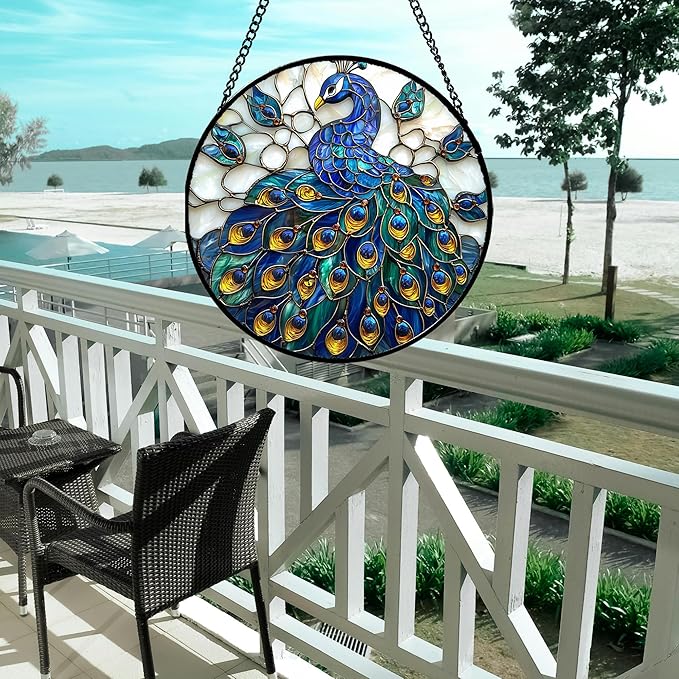 Stained Glass Window Hanging - Peacock Blue Gold Feathers Sun Catcher for Door Garden Home Decor Bird Suncatcher Christmas Mother's Day Birthday Gifts for Women Men Mom Nana 9.8 in