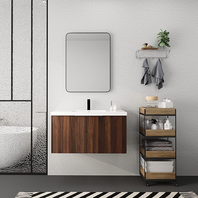 Goujxcy 36" Wall Mounted Bathroom Vanity with Sink, Modern Floating Bathroom Cabinet with White Resin Wash Basin & Storage Cabinet, Soft-Close Door Wood Hanging Bath Room Cabinet