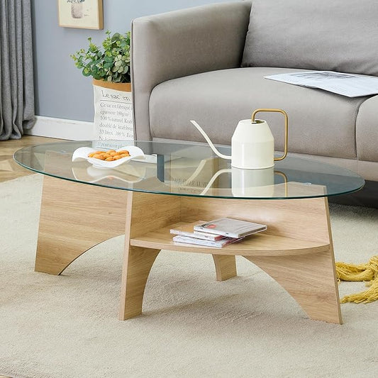 LKTART 41" Oval Glass Coffee Table with Tempered Glass Top and MDF Base, Diagonal Fan-Shaped Tray Design Table Leg Simple & Modern Center Table for Living Room Office Apartment Wood
