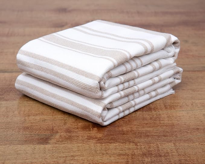 Sticky Toffee Hand Towels for Bathroom Set of 2 – 28x16 in White and Tan Striped Turkish Towels, Soft and Absorbent Decorative 100% Cotton Bath Towels