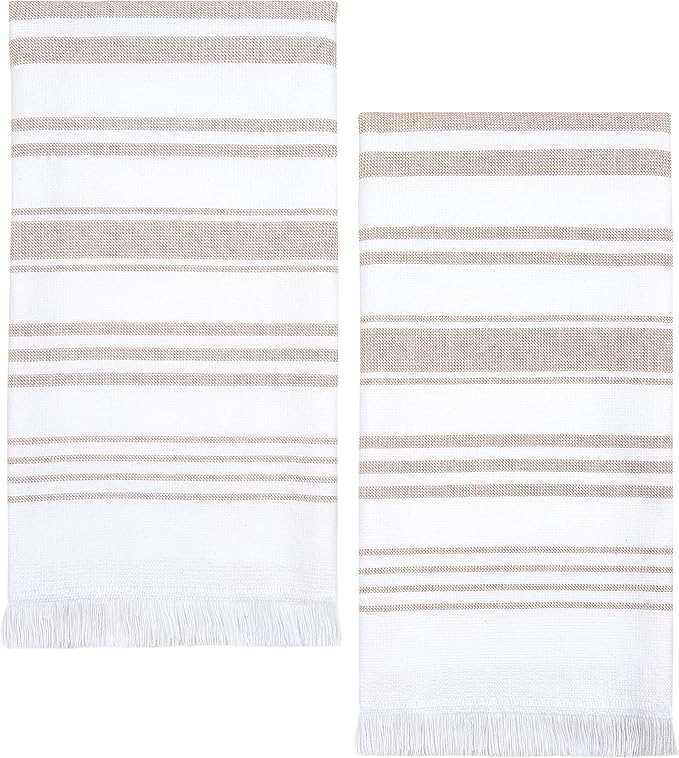 Sticky Toffee Hand Towels for Bathroom Set of 2 – 28x16 in White and Tan Striped Turkish Towels, Soft and Absorbent Decorative 100% Cotton Bath Towels