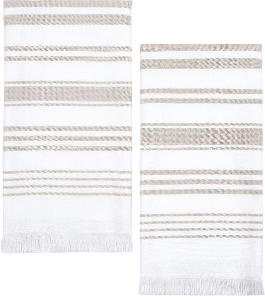 Sticky Toffee Hand Towels for Bathroom Set of 2 – 28x16 in White and Tan Striped Turkish Towels, Soft and Absorbent Decorative 100% Cotton Bath Towels