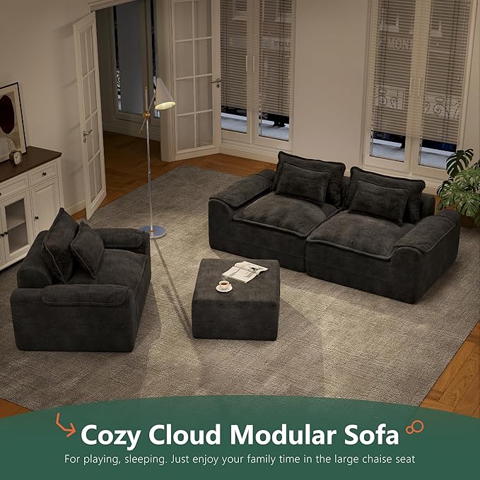 Hobestluk Cloud Single Sofa with Ottoman Memory Foam Couch with Deep Seat L Shaped Sofa with Removable Cover Large Couch for Living Room (Dark Grey, Single Sofa with One Ottoman)