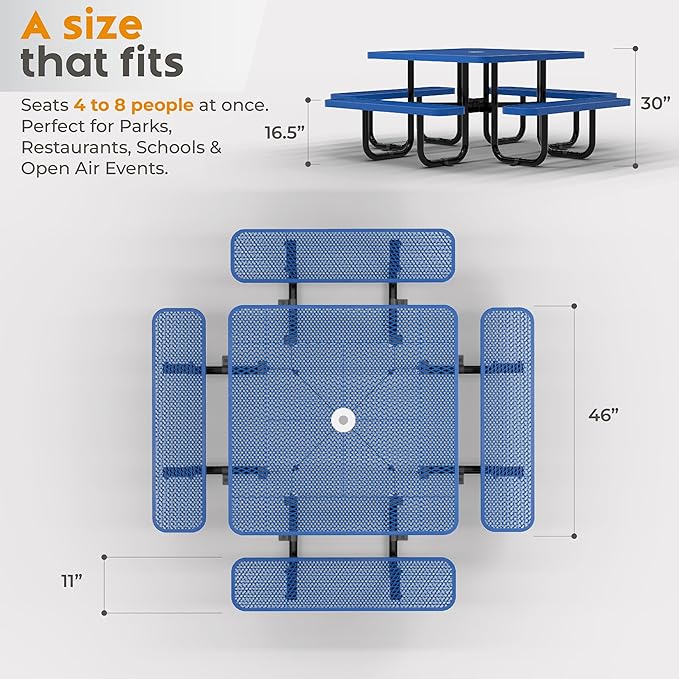 Metal Picnic Tables for Outdoors with Umbrella Hole - Coated Steel Heavy Duty Commercial Grade Furniture with Adjustable Seats (Blue, 46 in, Square, Expanded Steel)