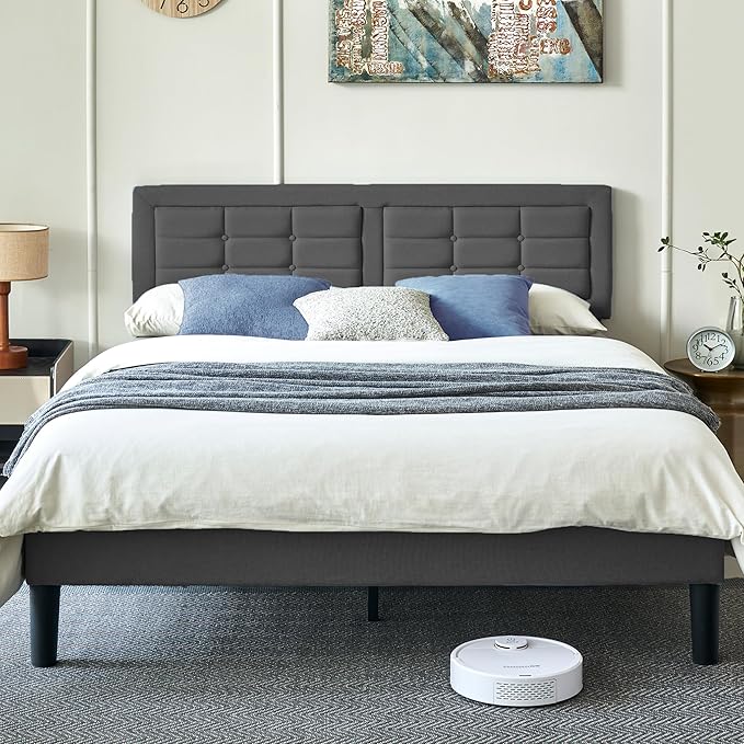 VECELO Queen Size Bed Frame with Adjustable Headboard, Upholstered Button Tufted Platform Bedframe with Wood Slats Support, No Box Spring Needed, Linen Fabric & Grey