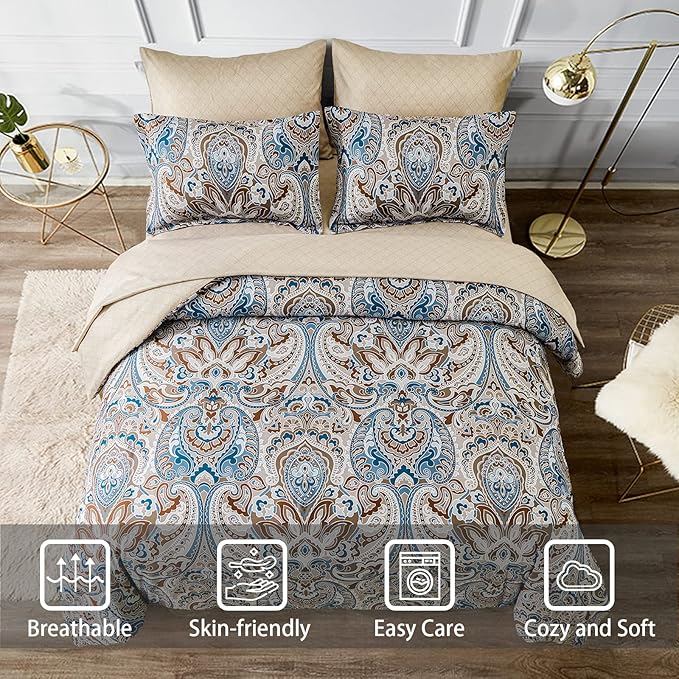 Drucon Brown Paisley Comforter Set Queen, 7 Pieces Bed in a Bag Comforter Boho Paisley Pattern Bedding Soft Microfiber Queen Size Comforter with Sheet & Pillowcase