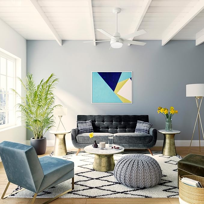 Hunter 52 inch Indoor Ceiling Fan with LED Light and Remote Control - White Modern Smart Ceiling Fan, Standard Mount, 5 Blades, For Bedroom, Living Room, or Kitchen, Quiet- Aerodyne 51336, Fresh White