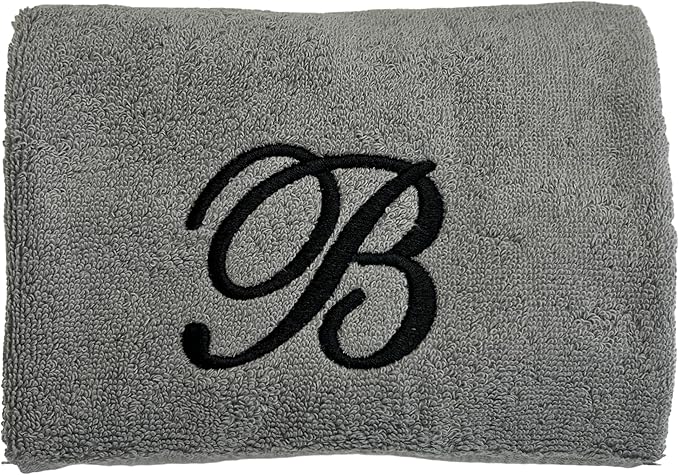 Gray Monogrammed Hand Towels for Bathroom - Luxury Hotel Quality Personalized Initial Embroidered Towel for Powder Room, Spa - GOTS Organic Certified - Set of 2 Black Letter G