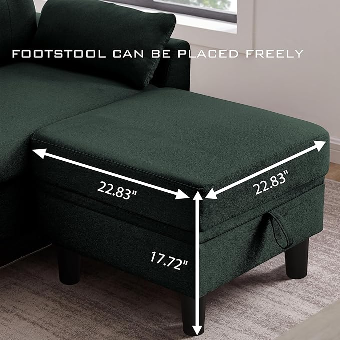 102" L-Shape Sofa Couch, Couch with Ottoman Coffee Table, 4 Seat Modern Sofa with Removable Cover for Apartment and Living Room, Green