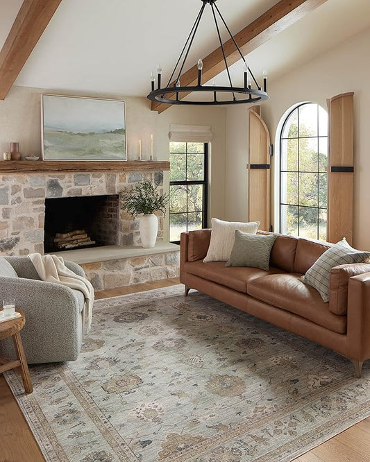Loloi Magnolia Home by Joanna Gaines Millie Collection MIE-02 Sky/Gold 5'-3" x 5'-3", .25" Pile Height, Round Area Rug