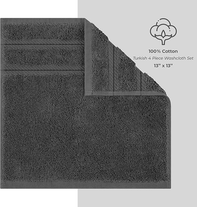 American Soft Linen Luxury Washcloths for Bathroom, 600 GSM 100% Cotton 4 Piece Turkish Wash Cloth Set, 13x13 in Soft Rags for Body and Face, Dark Gray Washcloths
