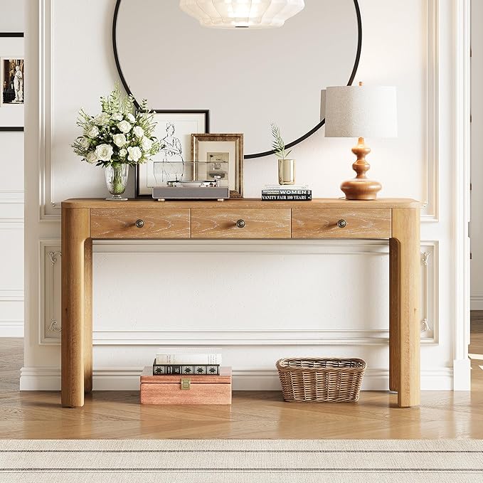Merax 52" Console Table with 3 Drawers, Rustic Entryway Table with Curved Corners, Narrow Long Sofa Table for Living Room, Hallway, Entrance, Behind Couch, Foyer, Sturdy Thick Legs, Natural