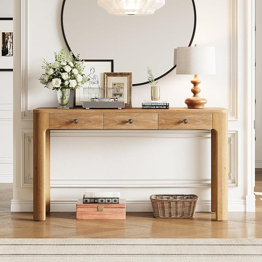 Merax 52" Console Table with 3 Drawers, Rustic Entryway Table with Curved Corners, Narrow Long Sofa Table for Living Room, Hallway, Entrance, Behind Couch, Foyer, Sturdy Thick Legs, Natural
