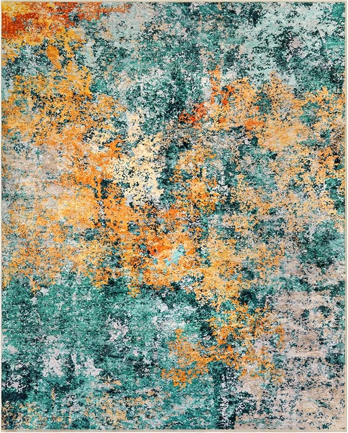 9x12 Area Rug for Living Room - Washable Rugs Modern Abstract Neutral Soft Rug for Bedroom Dining Room No Slip Low Pile Carpet for Nursery Home Office - Teal/Orange