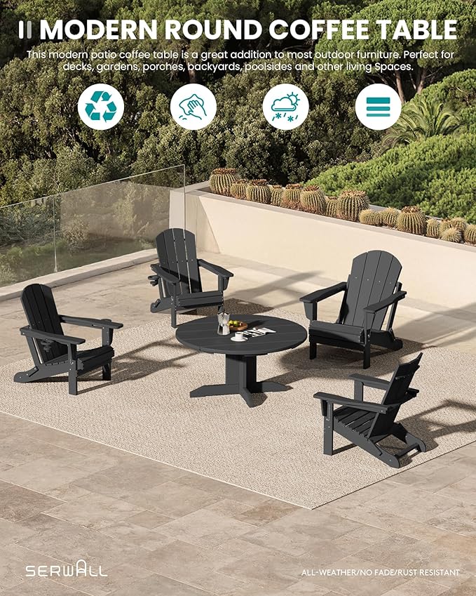 SERWALL 5-Piece Outdoor Round Coffee Table Set - 1 Table & 4 Adirondack Chairs with Cup Holders (Black)