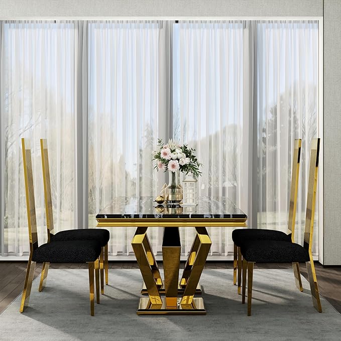 Luxury Black and Gold Dining Chairs, Upholstered Dining Room Chairs with Polished Metal Legs and Backrest, Set of 8