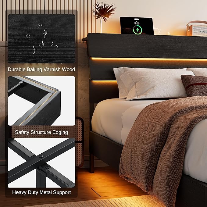 Floating Bed Frame Queen Size with Led Headboard and Charging Station, Metal Platform Bed Base with Storage, Remote Control, Heavy Slats Support, No Box Spring Needed, Noise Free, Black