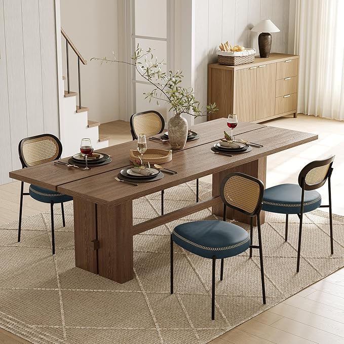 Rattan Dining Chairs Set of 4, Blue Leather Upholstered Dining Chairs with Rattan Cane Back, Mid Century Modern Dining Room Chairs with Black Metal Legs & D-Shaped Thicken Cushion, Blue