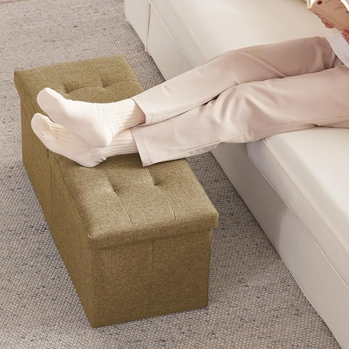 HAUSFRAU 31.5 Inches Ottoman with Storage Bench, Folding Ottoman Bench Small Foot Rest Stool, Bedroom Bench with Flipping Lid, Linen Kaki