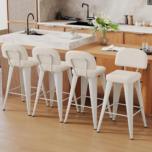 Aklaus PU Leather Metal Bar Stools 24 inch Faux Leather Counter Height Barstools Set of 4 Modern Farmhouse Bar Chairs with High Backs and Faux Leather Seat for Kitchen Island Dining Room Off White