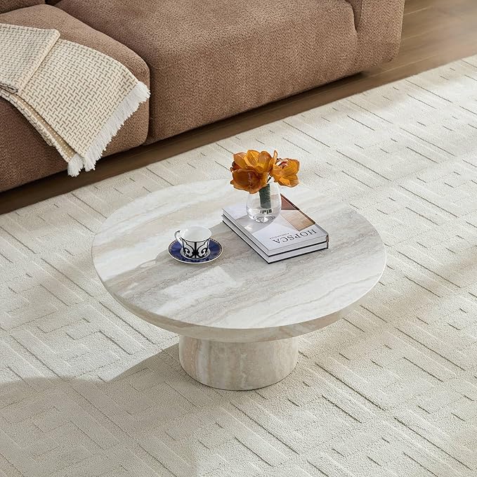 31.5" Round Coffee Table for Living Room,Cave's Stone Surface Fiberglass,Beige