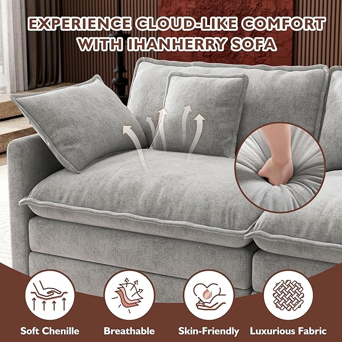 Ihanherry 114" V-Shaped Modern Sofa Modular Sectional Cloud Couch with Corner Section, 5-Seat Chenille Deep Seat Sofa with 5 Pillows for Living Room, Bedroom and Apartment, Grey