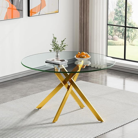 47.24" Round Glass Dining Table Modern Kitchen Glass Top Table for 6 with Gold Metal Legs, Clear Dining Table Kitchen Table for Home Office Dining Room