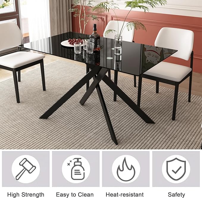 Goujxcy Modern Glass Dining Table Set for 6, Black Glass Kitchen Table and Chairs Set, 7 Piece Dining Room Table Set with 51" Rectangle Dinner Table and 6 White Leather Dining Chairs