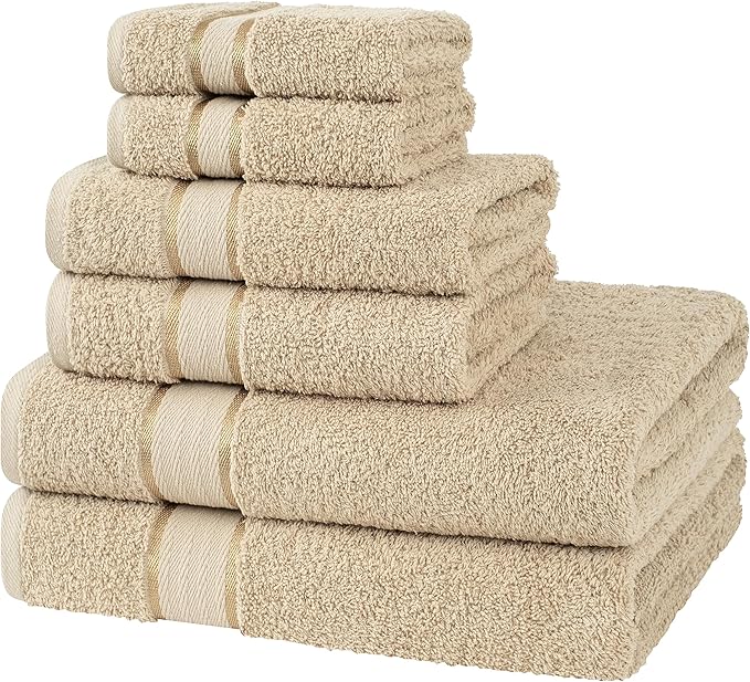 6 Piece 100% Turkish Cotton Towel Set, 2 Bath Towels 2 Hand Towels 2 Washcloths, Soft Absorbent Towels for Bathroom and Kitchen, Beige