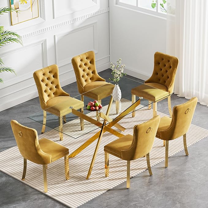 Goujxcy Glass Dining Table Set for 6, Modern Kitchen Table and Chairs Set of 6, 7-Piece Kitchen Dining Room Table Set w/61 Glass Gold Dining Table and 6 Yellow Velvet Upholstered Chairs